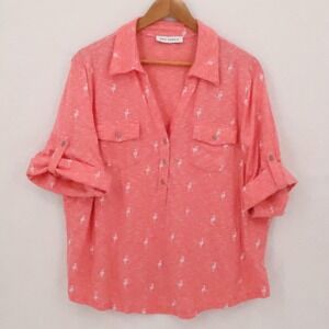 Emily Daniels Flamingo Polo Shirt Womens Size XL Coral Pink Roll Tab Sleeves